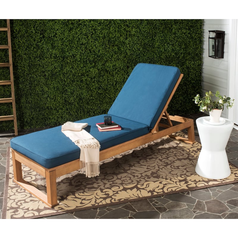 SAFAVIEH Outdoor Kaliyah Solid Wood Chaise Lounge Chair - 25Wx81Dx37H - Navy/Natural
