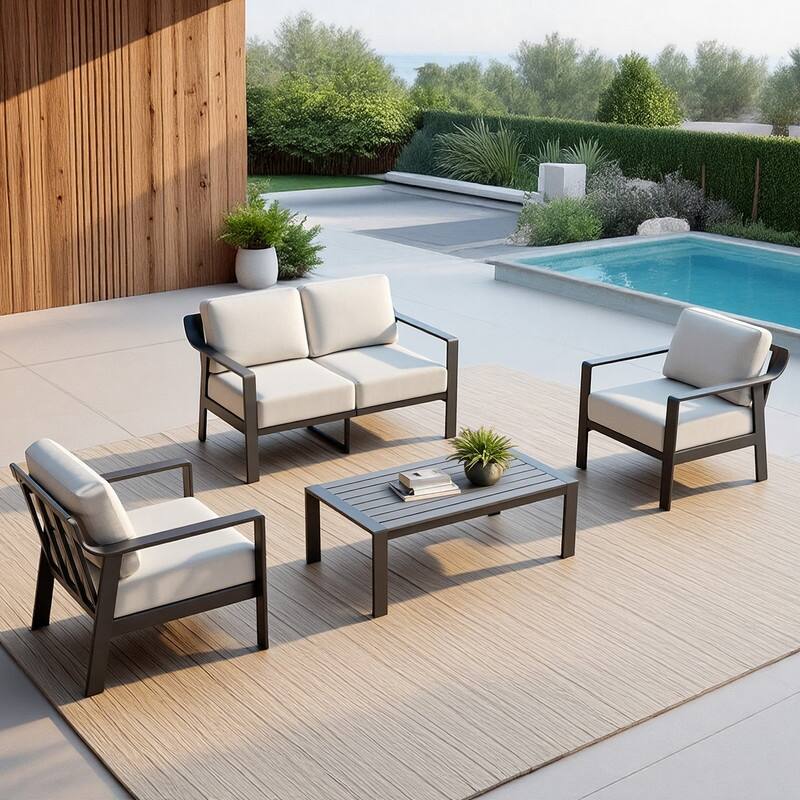 Spruce & Spring Outdoor Patio Furniture Set Aluminum Sofa Accent Chair - 4PC-Loveseat - Light Gray