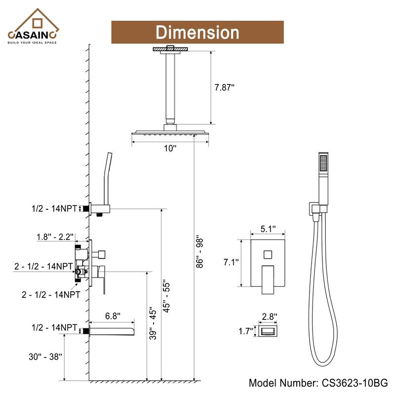 CASAINC 3-Function 10-In Wall Mounted Shower System
