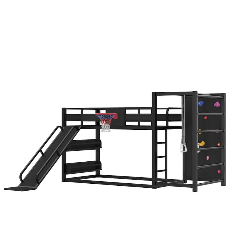 Metal Loft Bed with Basketball Hoop, Pull-up Rings, Climbing Wall and Built-in Bookshelves, Heavy Duty Metal Loftbed Frame