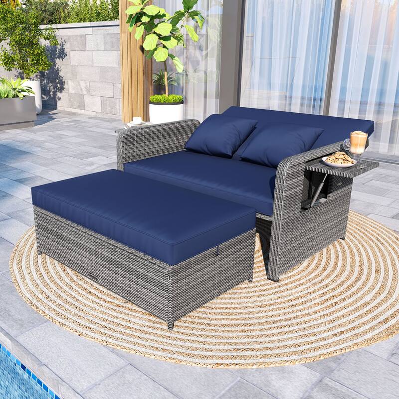 Gymax Rattan Daybed Wicker Loveseat Sofa Set w/ Ottoman & Retractable - Blue