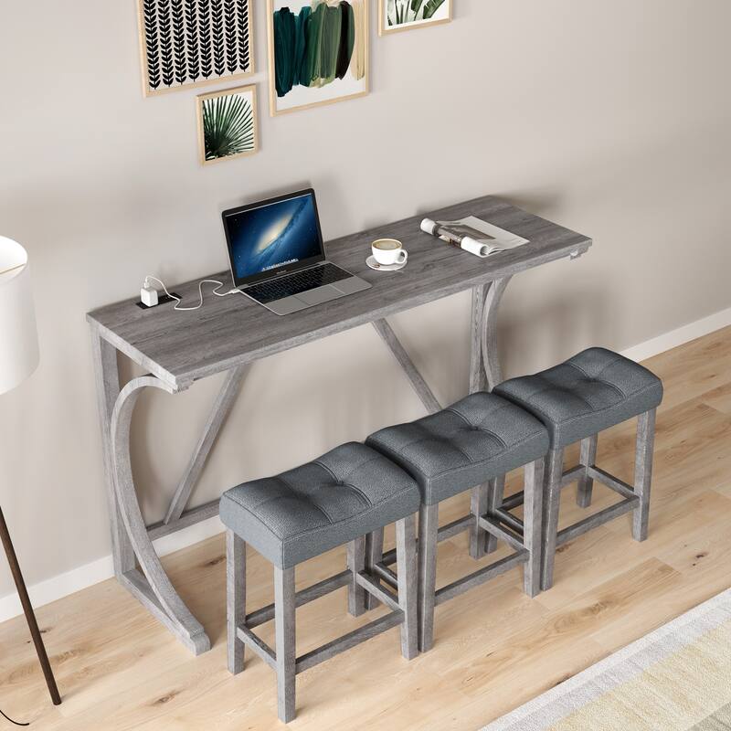 Bar Table Set with Power Outlet, Bar Table and Chairs Set, 4 Piece Dining Table Set