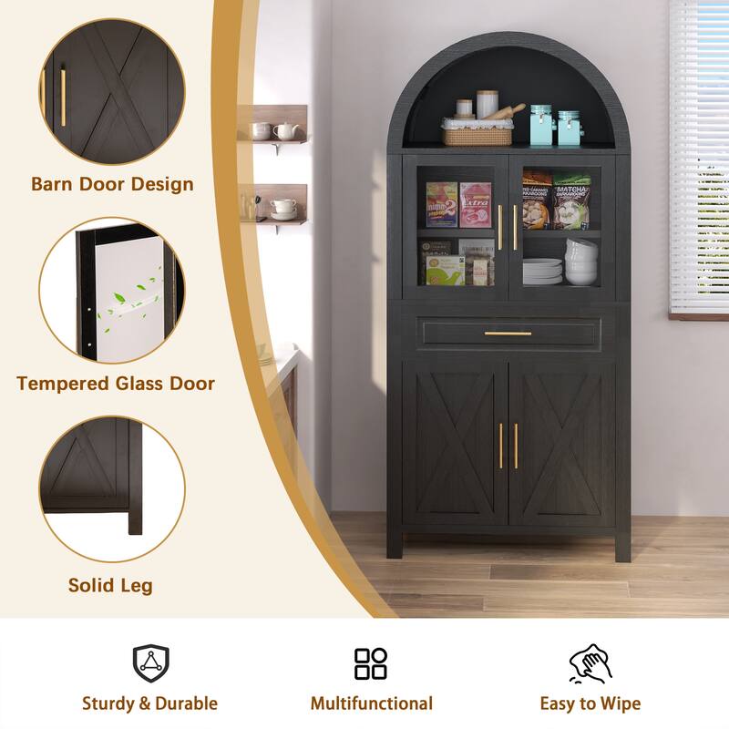 Roomfitters 71" Tall Arched Farmhouse Pantry Cabinet with Glass Barn Doors & Pull-Out Drawer