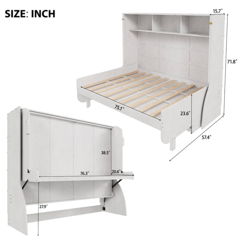 Full Size Murphy Bed with 3 Storage Shelves & Desk, Rustic 2-in-1 Bed Wooden Convertible Cabinet Bed, Space-Saving Design