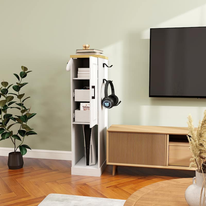 Anmytek Slim Antique White Game Console Storage Cabinet with 2 Drawers & 3 Hooks, AV Media Stand for PS5 Xbox
