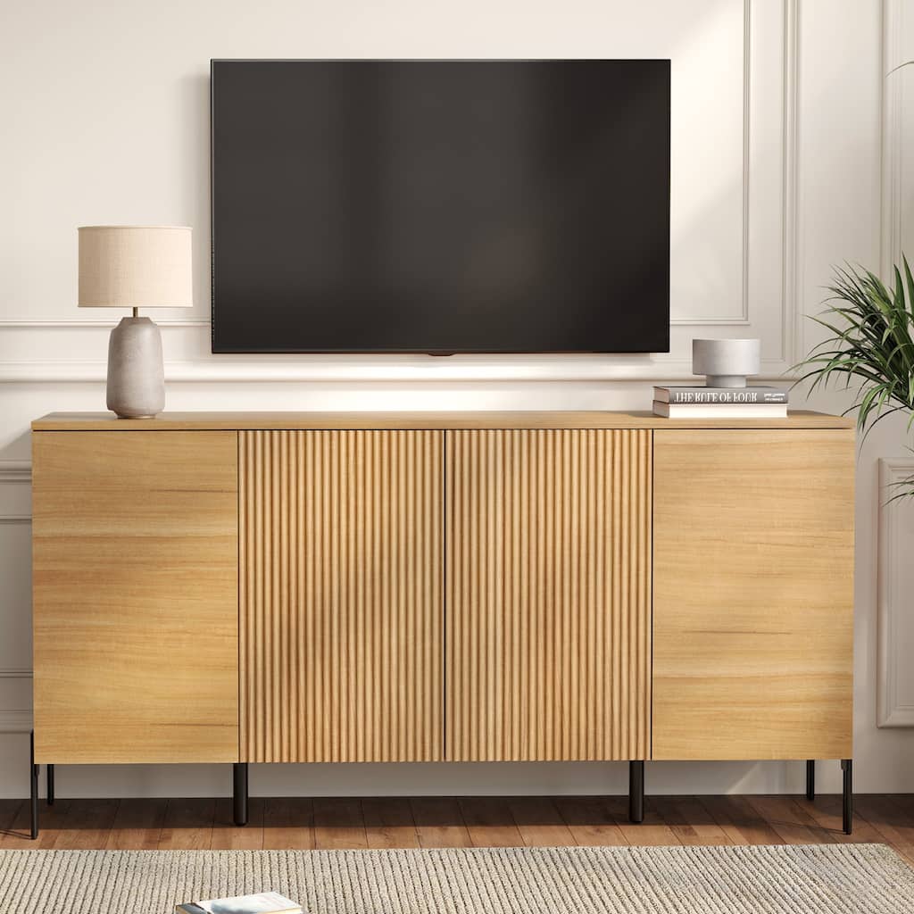 WAMPAT 61" Modern TV Stand For Tvs Up To 70 Inch, Reeded Entertainment Center With Storage, Wooden TV Console With 4 Doors