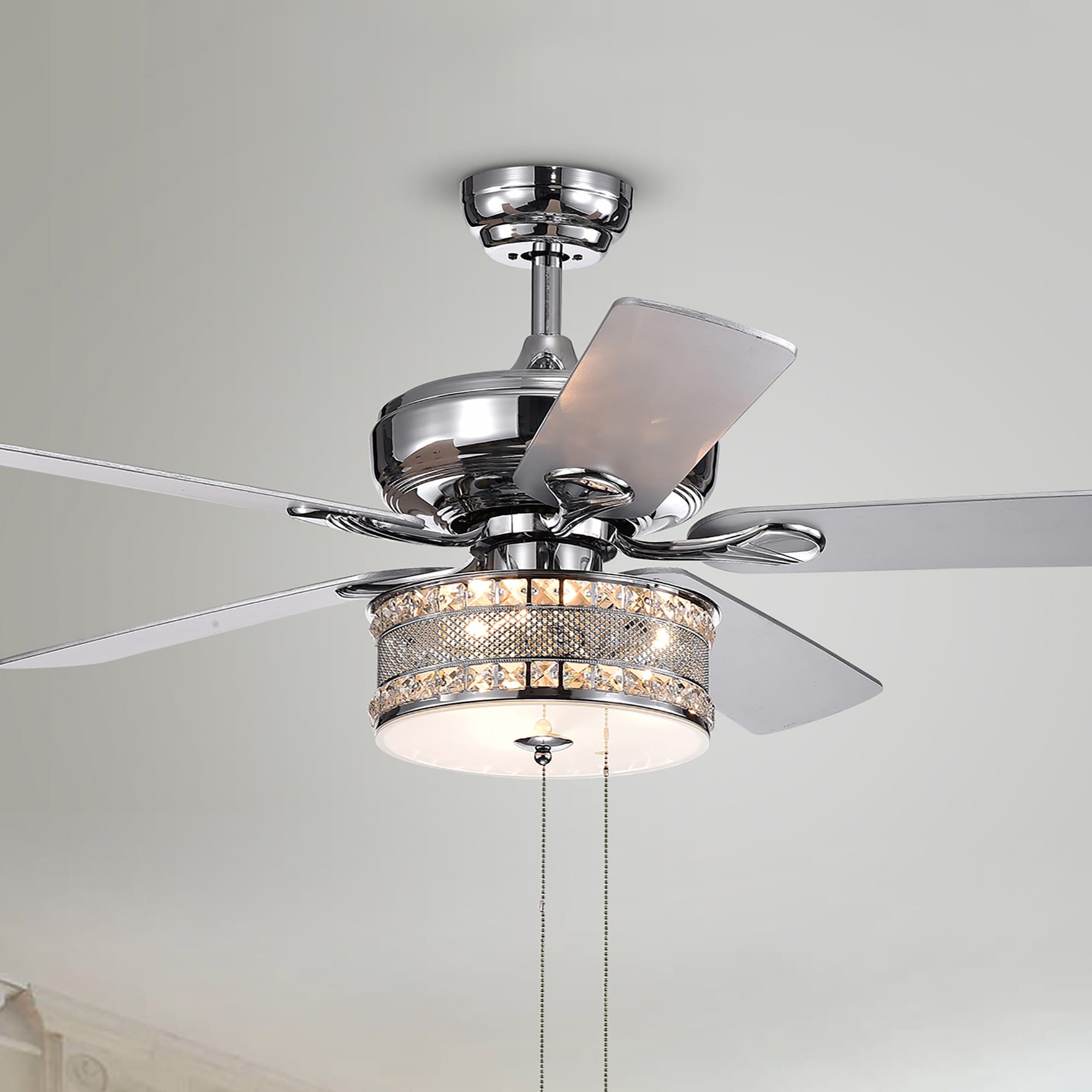 5-Blade 52-Inch Chrome Lighted Ceiling Fans 3-Light Crystal Shade