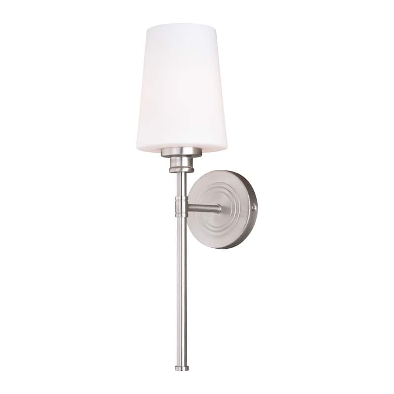 Bathroom Wall Sconce 1 Light Nickel Finish White Glass Shade Style - 19