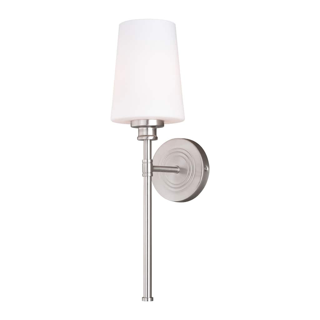 Bathroom Wall Sconce 1 Light Nickel Finish White Glass Shade Style - 19