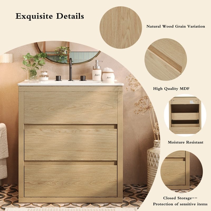 30" Bathroom Vanity with Ceramic Sink and 2 Full-Extension Drawers
