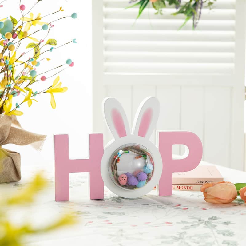 Glitzhome Wooden EASTER HOP Happy Easter with Artificial Rattan Table Sign Decor Centerpiece