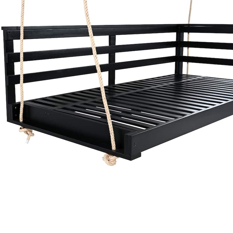 Country Patio Wooden Twin Size Swing Daybed Porch Swing Frame with 4pcs 96-inch Hemp Ropes for Backyard, Garden, Black