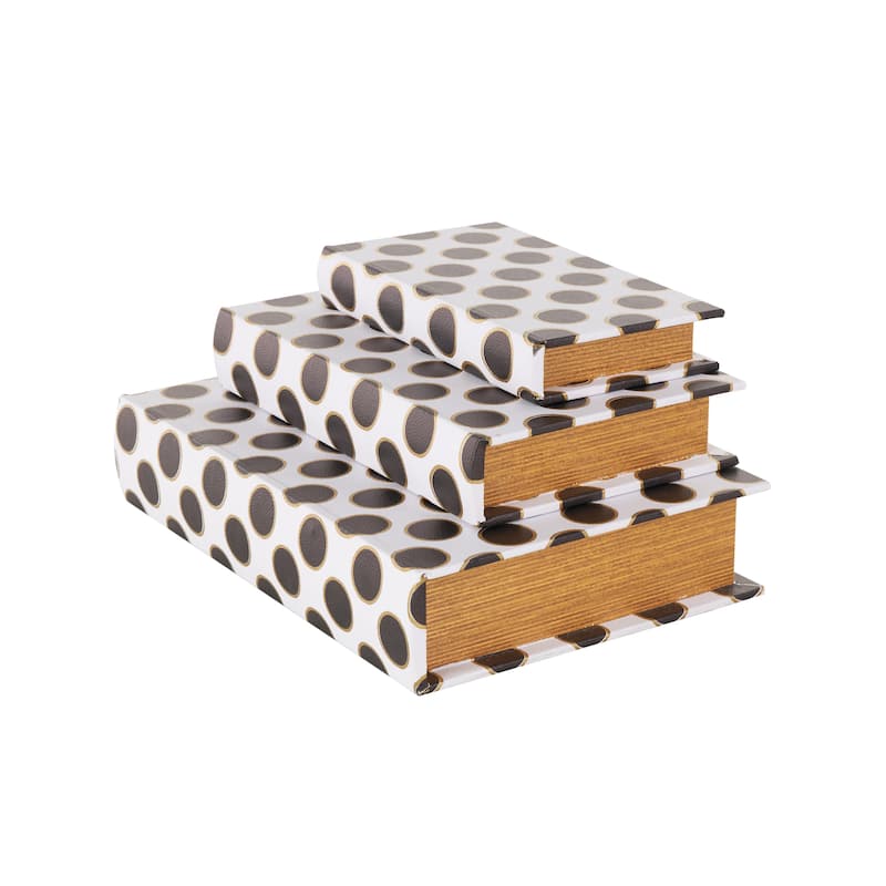 Faux Leather Polka Dot Faux Book Storage Box with Black and Metallic Gold Accents - Set of 3 White - Roche River Decor