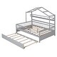 preview thumbnail 22 of 33, House Bed with Trundle Bed and Shelf, Wooden Platform Bed Frame with Full Length Guardrail and Roof