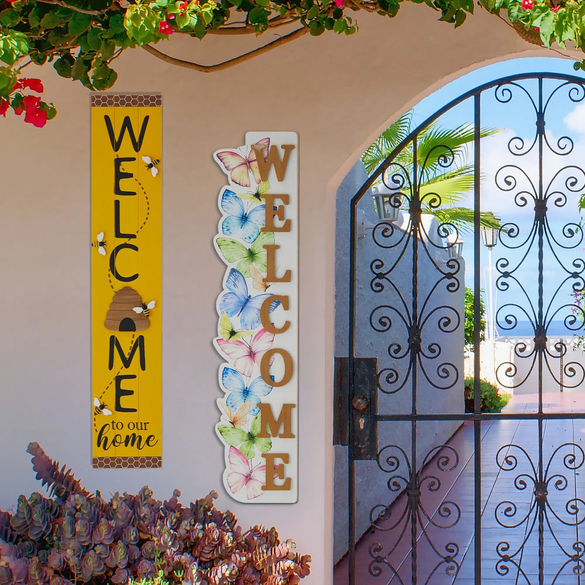 Glitzhome 42"H Solid Wood WELCOME Porch Sign with Bee Outdoor Decor