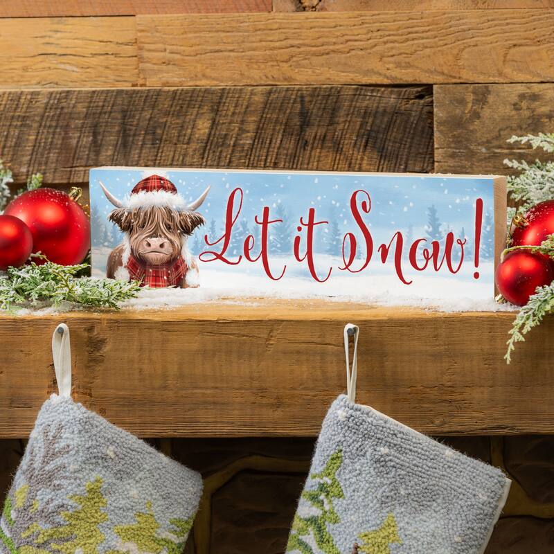 Holiday Highland Cow Mantel Sign - "Let It Snow" - 18" x 5" - Multicolor