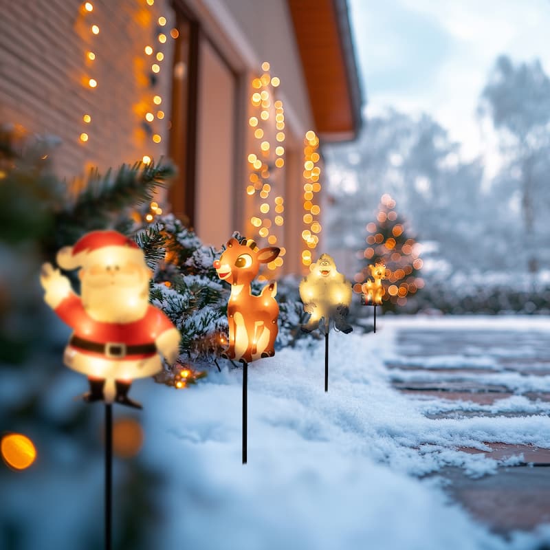 4 Lighted Rudolph Friends Christmas Pathway Markers Clear Lights - Blue