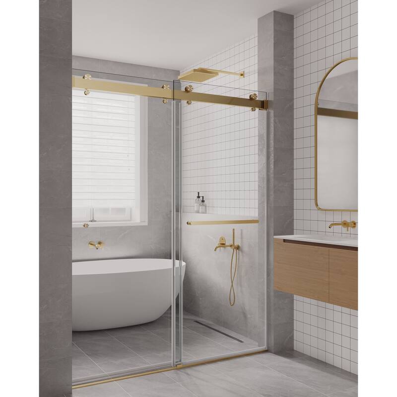 Glassic SP Series 50" - 54" W x 77" H Double Sliding Frameless Glass Shower Door with 3/8" Clear Tempered Glass - Satin Brass