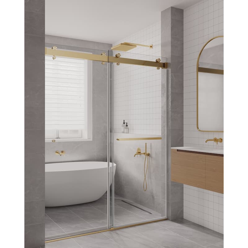 SP Series 44" - 48" W x 77" H Contemporary Frameless Double Sliding Shower Door with 3/8" Clear Tempered Glass - Satin Gold