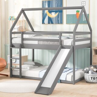 Gray Twin Size Bunk Bed Wood House Bed with Convertible Slide and ...