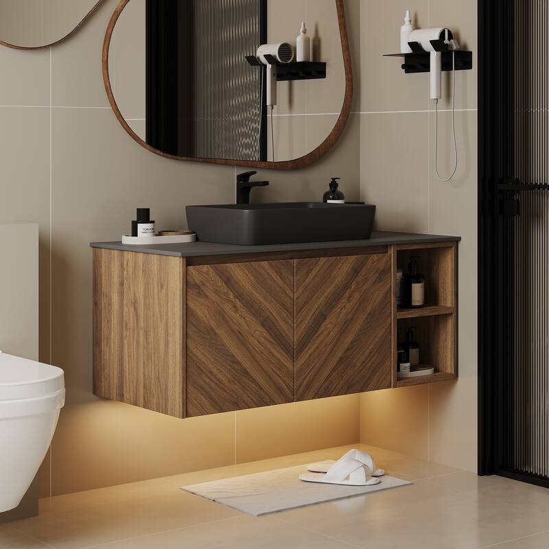 35.83'' Single Bathroom Vanity with Stone Top, Brown Wood, Black Vessel, Floading Vanities