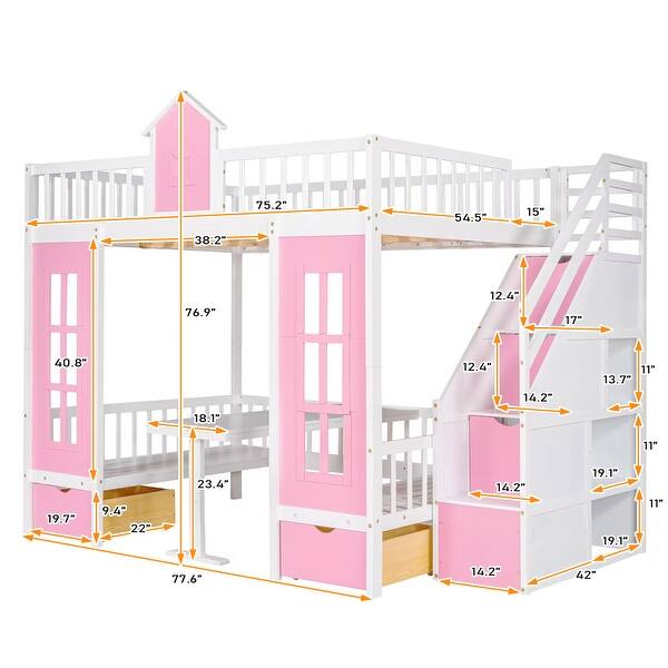 dimension image slide 0 of 3, Full-Over-Full Bunk Bed with Changeable Table