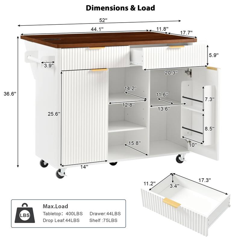 Roomfitters 52" Fluted Kitchen Island with Drop Leaf, Power Outlet & Walnut Wood-Grain Top