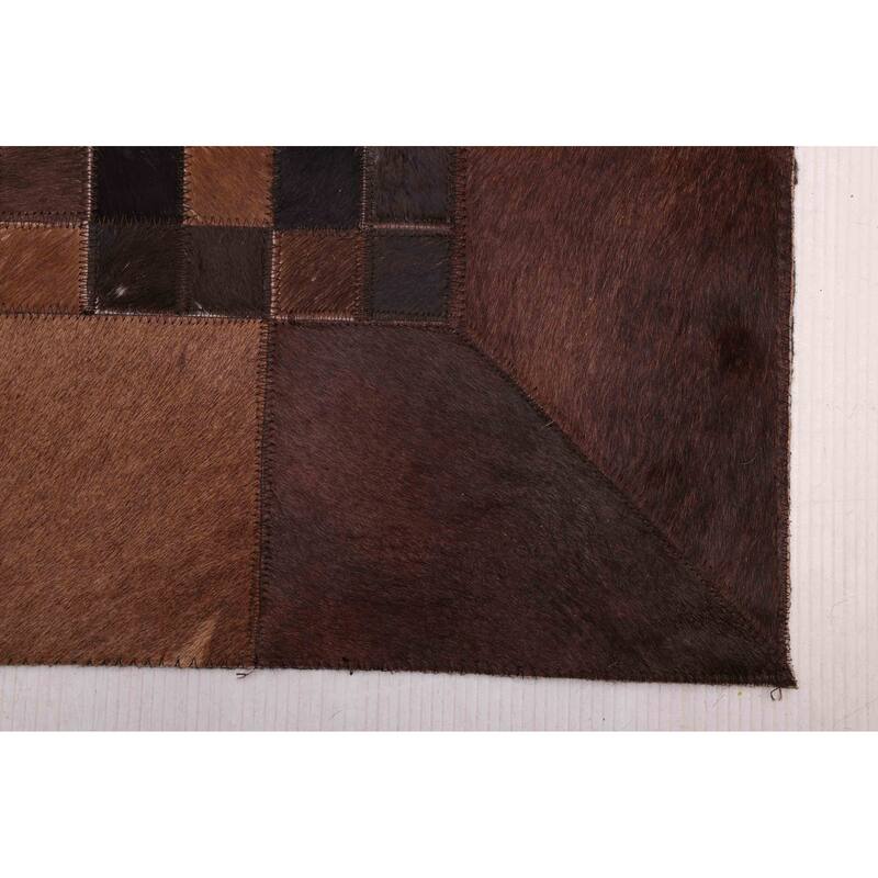 ECARPETGALLERY Handmade Cowhide Patchwork Dark Brown Leather Rug - 8'1 x 10'0