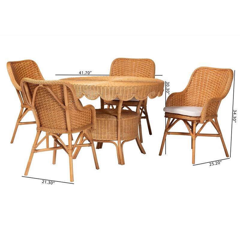 Tucson 5-Piece Rattan Dining Set - Round Wicker Table with Scallop Edge and 4 Armchairs, Handwoven Boho Coastal Style for Dining