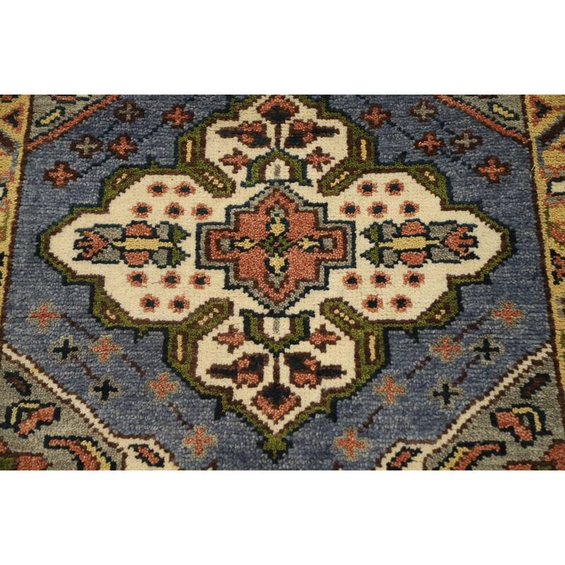 Hand Knotted Oriental 100% Wool Carpet Traditional Geometric Navy Blue & Blues Kazak Area Rug - 10' 2'' X 2' 6''