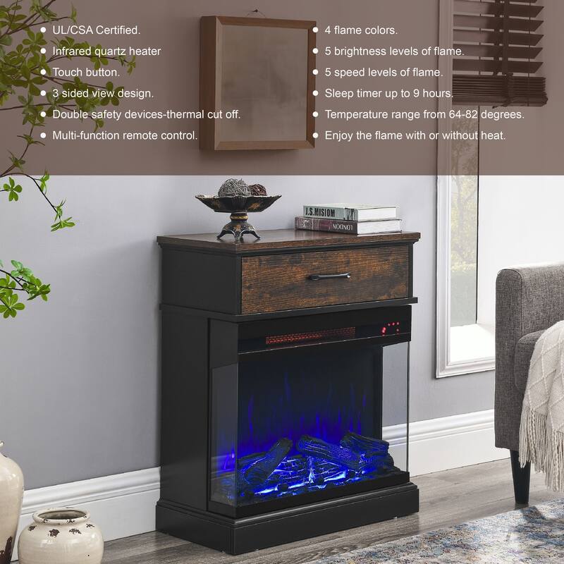 25" Stand Side Table with Electric Fireplace, 3-Sided Glass, Remote Control, 1500W Heater for Living Room