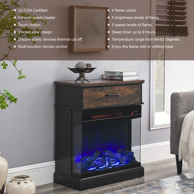 25 Inch Stand Side Table With 3-Sided Glass Electric Fireplace