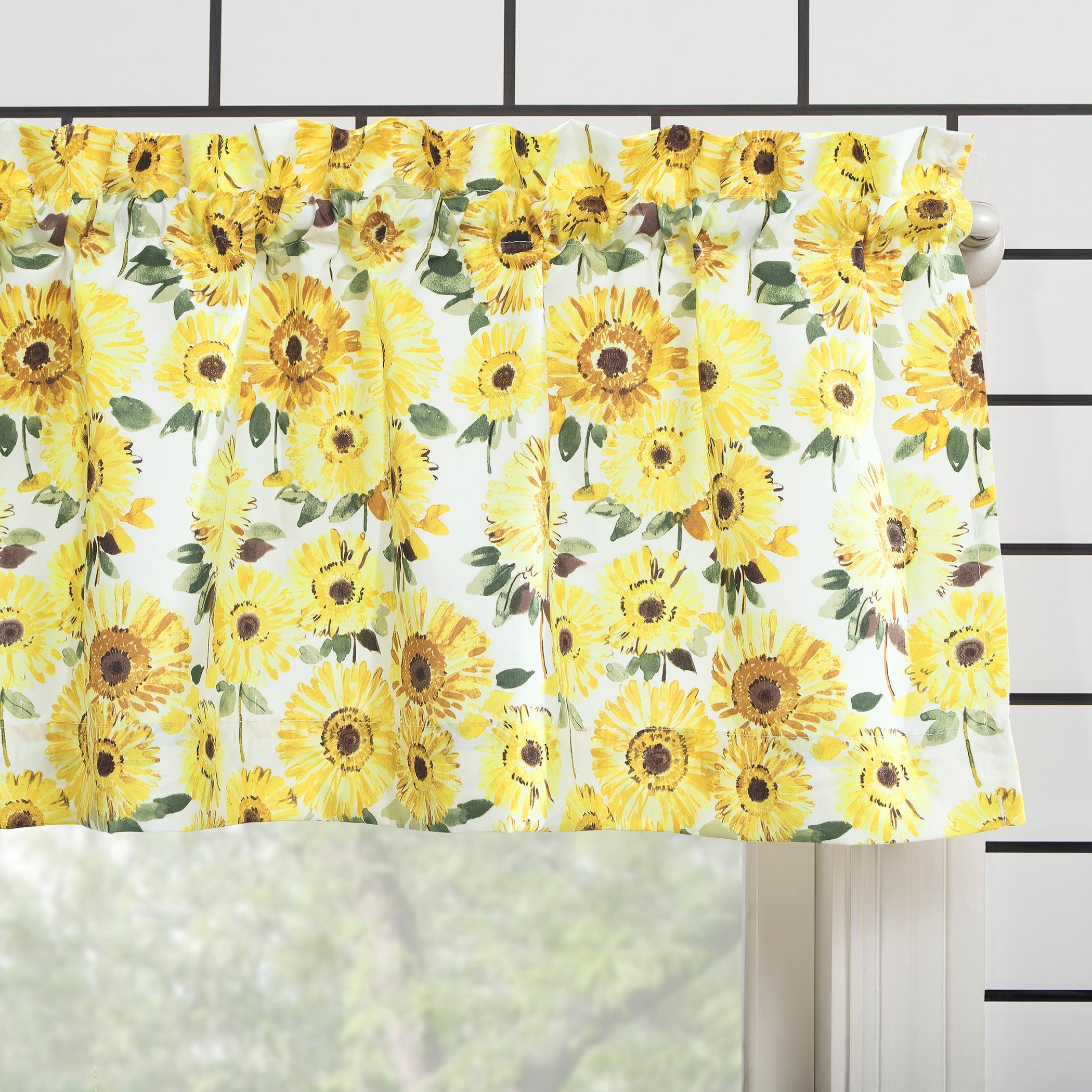 No. 918 Sunny Sunflower Print Semi-Sheer Rod Pocket Kitchen Curtain ...