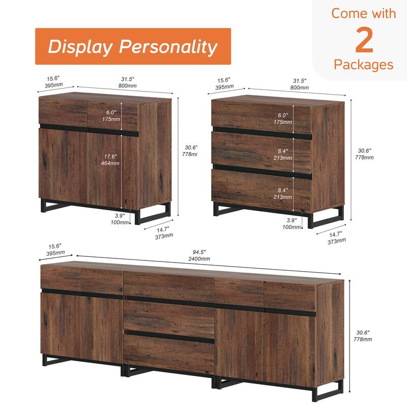 3 in 1 Modern Sideboard with Adjustable Shelves and 3 Drawers