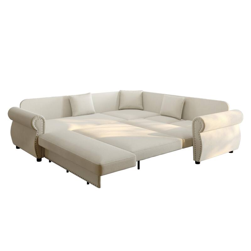 88.2" L-Shaped Sleeper Sectional Sofa with Pull-Out Bed - Chenille Convertible Couch, Nailhead Trim, for Living Room