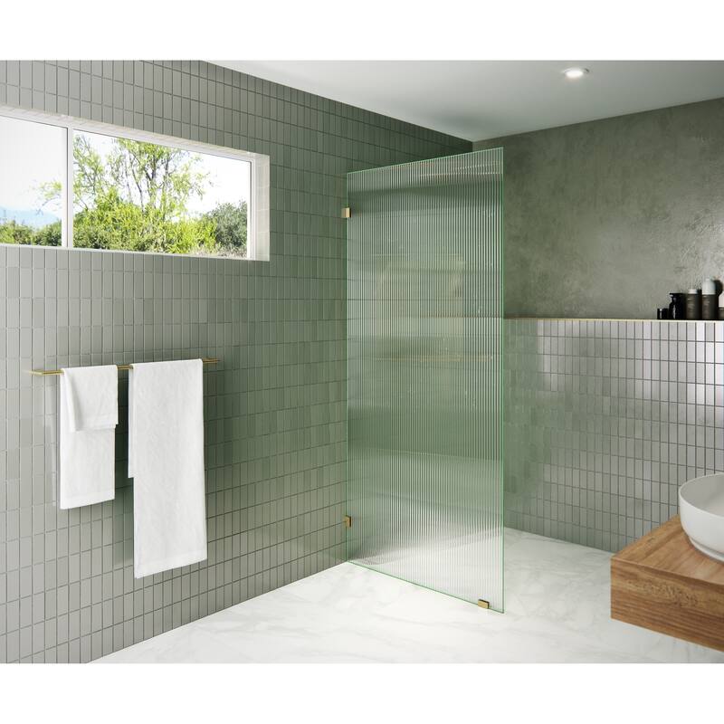 Glass Warehouse 34" x 78" Frameless Shower Door - Single Fixed Panel Fluted Frosted - Satin Brass