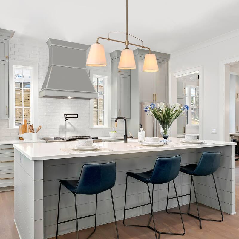 32'' Mid-century Modern 3-light Linear Chandelier Fabrey French Country Glam Kitchen Island Light Fabric Shades