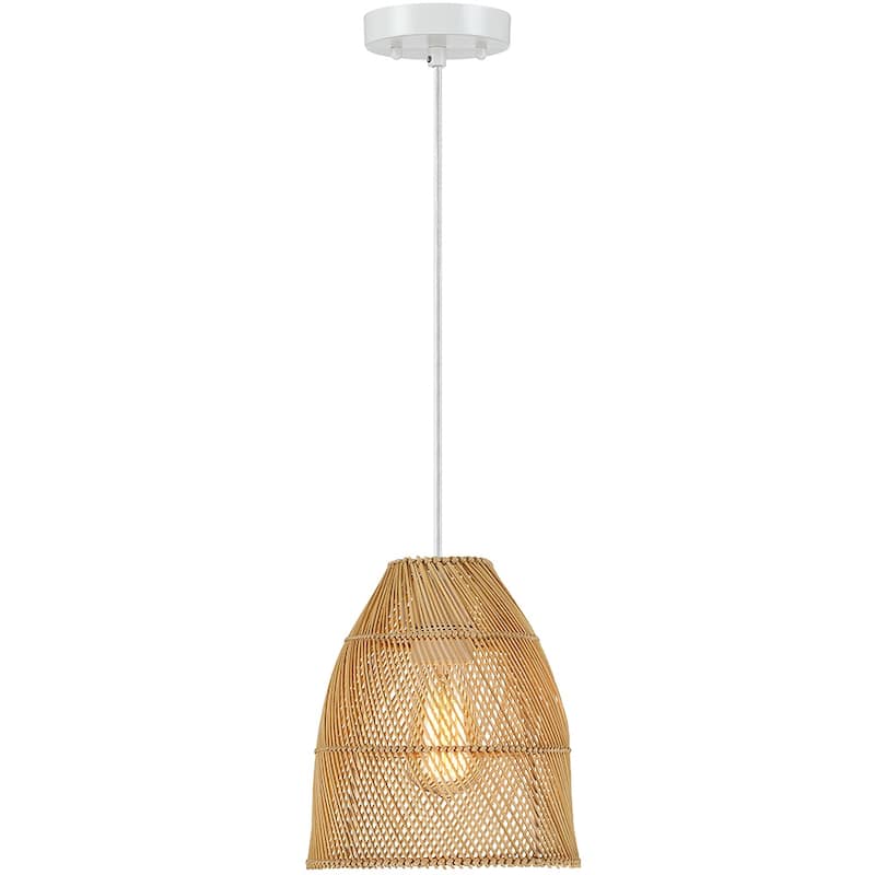 True Fine Eclectic Natural Rattan Bell Island Mini Pendant Light with White Hardware - 8.6 in. W