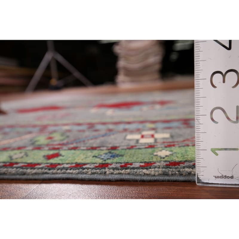 Kazak Accent Rug Hand-Knotted Grey Geometric Wool Carpet - 3'4" x 5'0"