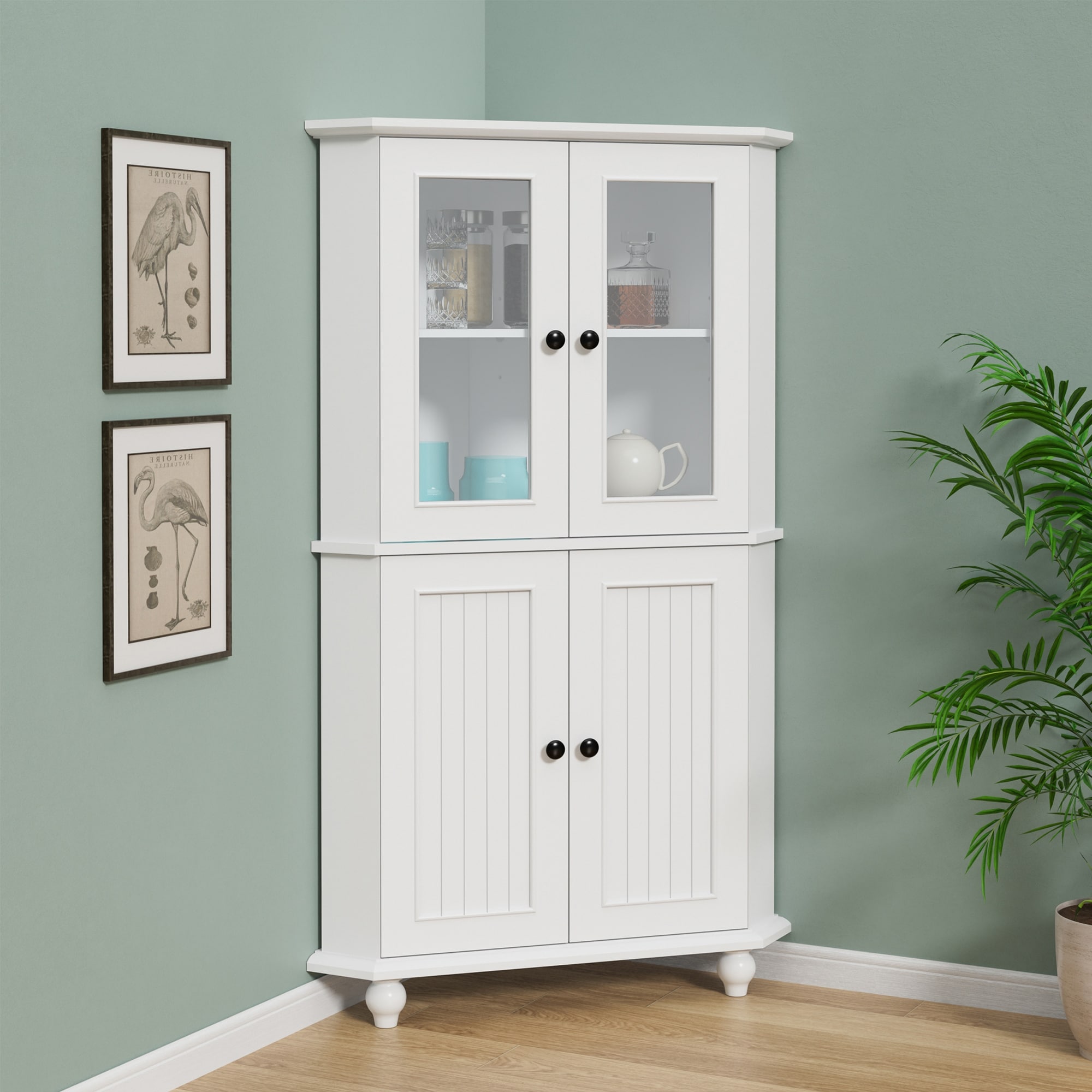 Free-Standing Corner Storage Cabinet with Doors and Shelves