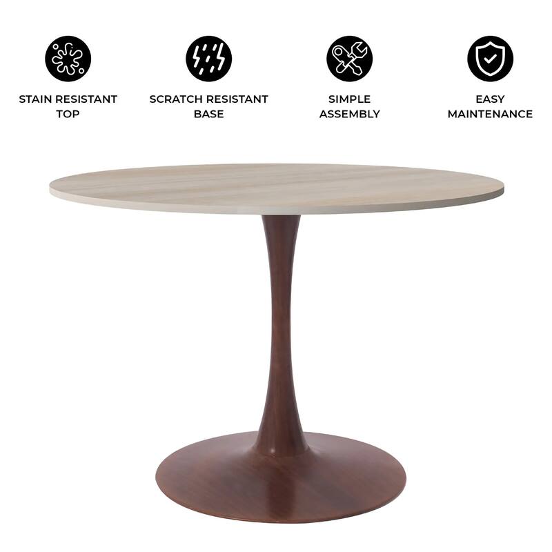 Bristol 35" Round Dining Table with MDF Top and Walnut Steel Pedestal Base for Modern Kitchen and Dining Room