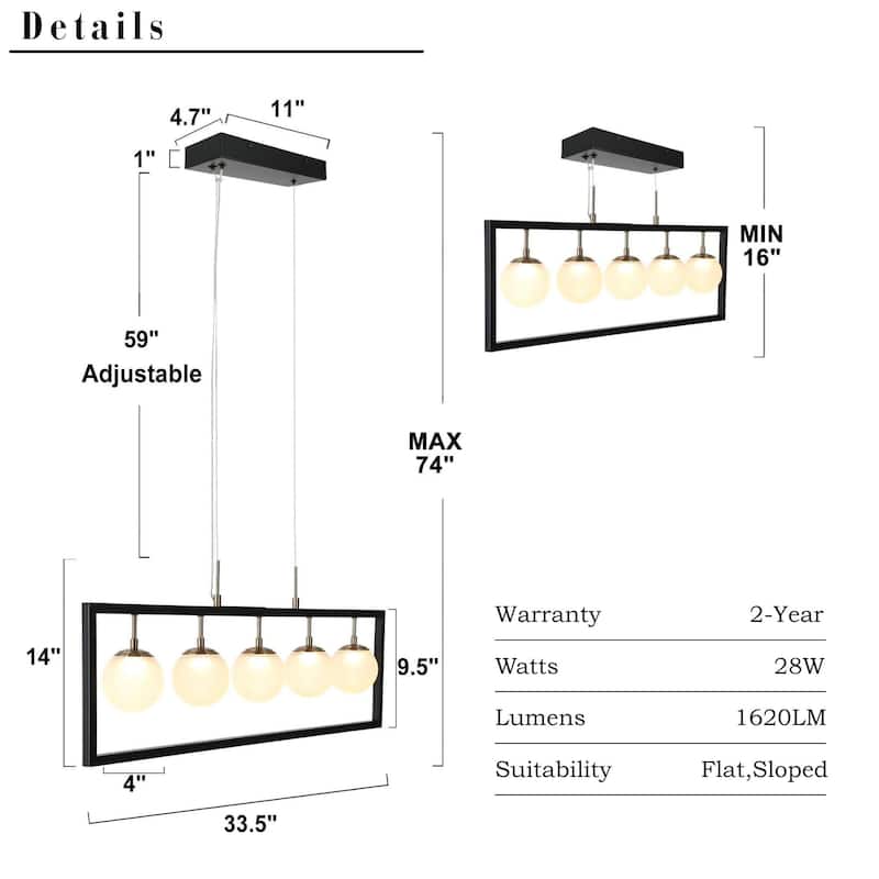 Modern 5-Light Rectangle LED Chandelier Glass Kitchen Island Light for Dining Room - 33.5" L x 4" W x 14" H