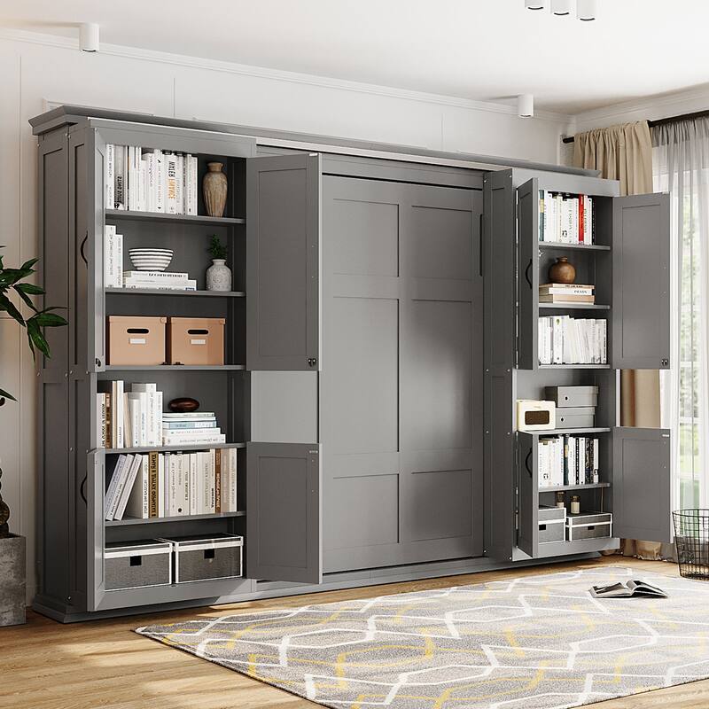 Queen Murphy Bed with Sliding Storage Cabinets & Shelves - Large Capacity Wall Bed System