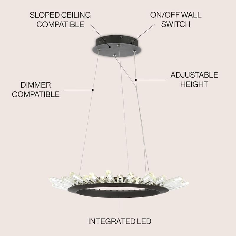 Sebastian 24" Adjustable Integrated LED Modern Crystal Pendant, Black/Clear by JONATHAN Y