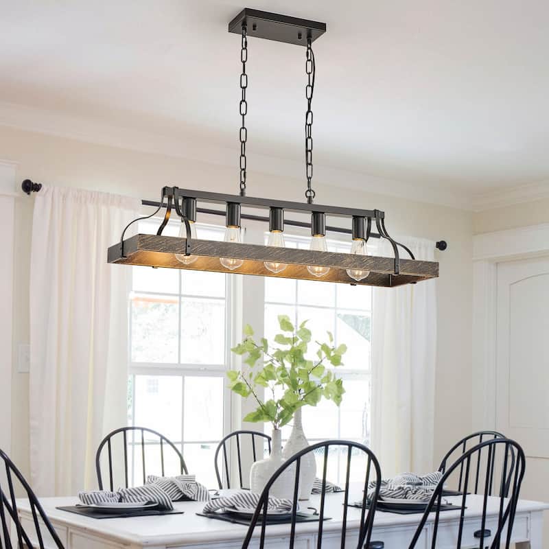 34" Linear Industrial Pendant Light – 5-Bulb Adjustable Farmhouse Chandelier for Kitchen Islands (Bulbs Not Included)‌ - Black+Gold