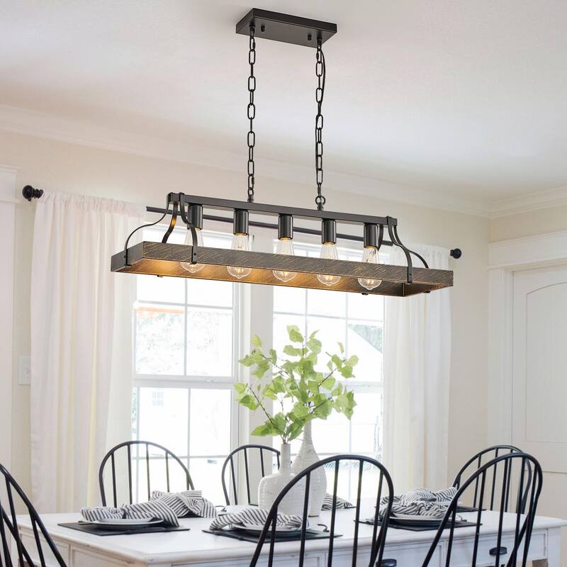 34-Inch Black Gold Vintage Pendant Light, 5 E26 Bulb Sockets, Adjustable Chain Height - Antique Style Chandelier - Black+Gold