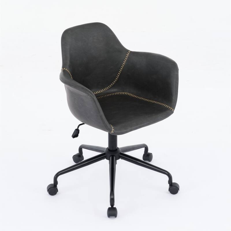 Roomfitters Mid-Century Modern Office Chair, Adjustable Swivel PU Leather Desk Chair with Arms and Reclining Base, Black