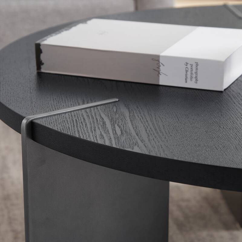 Modern Coffee Table Simple Coffee Table Round Coffee Table with Oak Tabletop and Black Table Legs, for Living Room