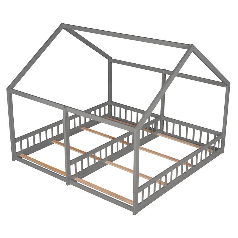 Twin House-Shaped Platform Beds, Space-Saving Design, Solid Pine Wood Frame