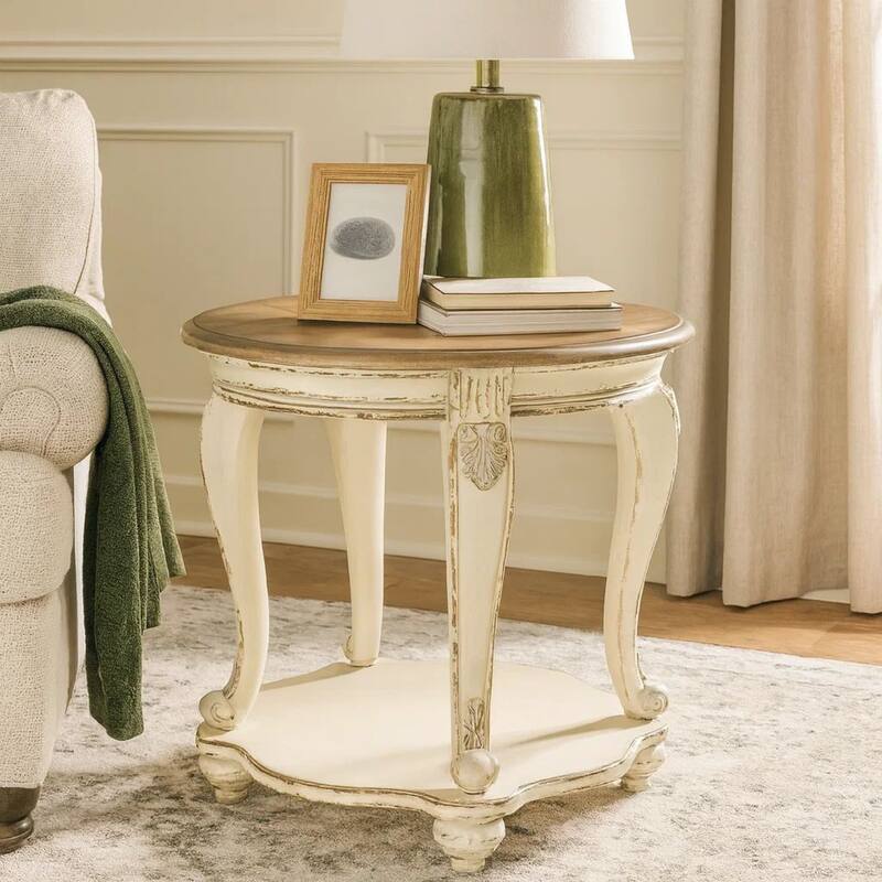 Round Wooden End Table with Open Bottom Shelf, Brown and Antique White